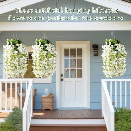 XunYee 8 Pcs Artificial Hibiscus Flowers for Outdoors Spring Summer Decor Fake Hanging Flowers Plants Uv-Resistant Faux Hibiscus Flower for Outside Porch Patio Front Door (White) - color: White