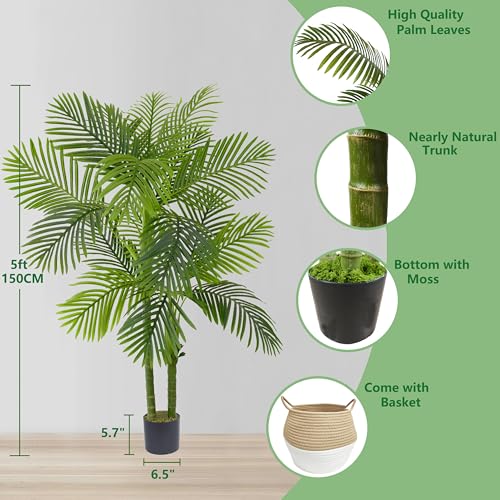 Warmplants Artificial Palm Tree, 5ft Golden Cane Faux Palm Plant with Basket, Large Phoenix Palm UV Resistant Fake Plants for Indoor Outdoor Home Garden Patio Office Décor - color: Palm, size: 5ft