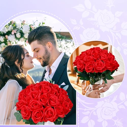 30pcs Red Roses Artificial Flowers, Fake Silk Roses with Stems in Bulk, Faux Roses for Anniversary Valentine's Day Birthday Gifts Wedding Bridal Bouquets Centerpiece Party Home Decor - color: Red