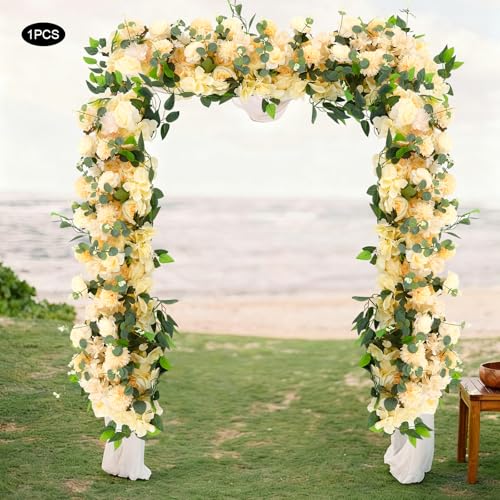 Wedding Arch Artificial Flowers Panels, Silk Rose Floral Wall Backdrop, 13.8 x 13.8in Artificial Flowers Garland for Wedding Party Table Decoration, White (Champagne Color, 1 Pcs) - color: Champagne Color, size: 1 Pcs