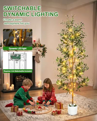 TNELTUEB Faux Olive Tree 6FT- Indoor Tall Artificial Olive Trees with Lights & Basket and Planter, Fakeplants Artificial Plants with Natural Wood Trunk and Realistic Fruits for Home Living Room Decor - size: 6ft Green