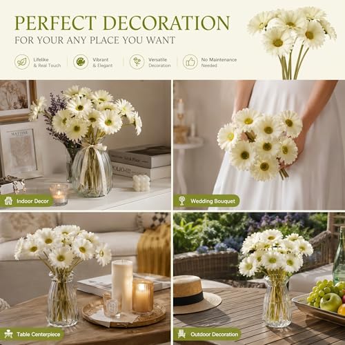 WILLBOND 18 Pcs Artificial Gerbera Daisies Flowers 15 in White Fake Daisy Bouquet with Flexible Stems Boho Faux Wildflower for Wedding Bridal Groovy Party Home Kitchen Decor - color: White