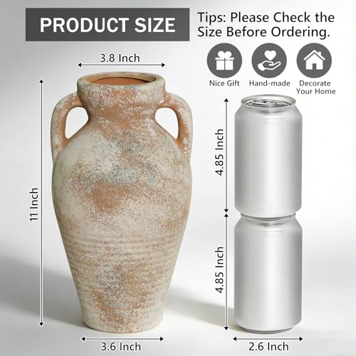 Ceramic Flower Vase with Handles, 11 Inch Farmhouse Rustic Vase, Decorative Terracotta Tall Vase for Home Decor, Living Room, Centerpiece, Shelf, Mantle Fireplace - color: 11"h-terracotta