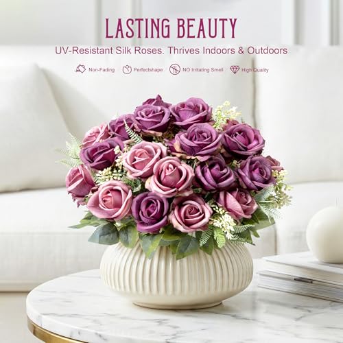Fake Roses Purple Roses Artificial Roses Silk Roses Artificial Roses with Stems 24 Full Flower Heads Faux Roses for Outdoor Indoor Centerpieces home Wedding Farmhouse Decoration No Vase (4PCS,Purple) - color: Purple 4pcs