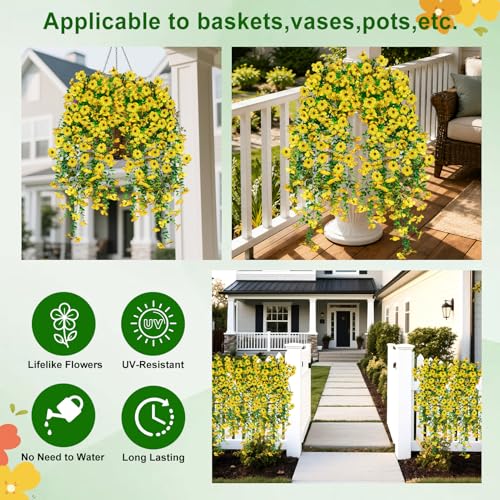 Artificial Hanging Flowers for Outdoors Decorations 2 Pack, Fake Hanging Flowers, UV Resistant Artificial Hanging Plants Outdoors for Home Porch Patio Balcony Baskets Yard(Yellow) - color: Yellow