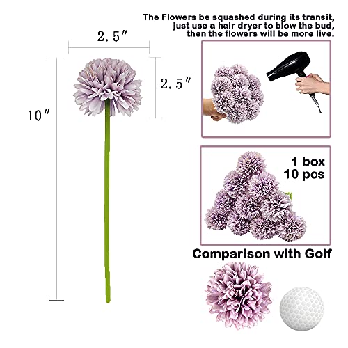 10Pcs Artificial Fake Flower Plants Silk Chrysanthemum Ball Hydrangea Arrangements Wedding Bouquets Decor Home Kitchen Garden Party Table Floral Centerpieces DIY (Grey Purple) - color: Grey Purple