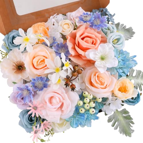 Kisflower Artificial Flowers Combo Dusty Blue Cake Flowers Decorations Fake Hydrangea Dahlia Silk Rose Gift Box for DIY Wedding Bridal Bouquet Floral Arrangement Party Holiday Decor (Fairy Blue&Pink) - color: Fairy Blue&pink