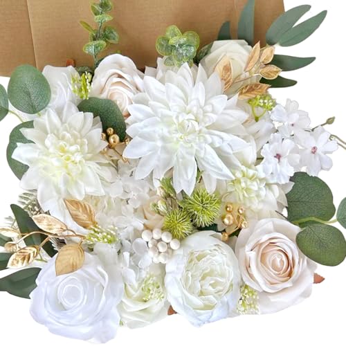 Ivory White Artificial Flowers Combo Box Set Silk Dahlia Roses Gold Leaves Stems DIY Bridal Wedding Bouquets Cake Boho Fake Floral Arrangements Baby Shower Party Table Centerpieces Home Decor Bulks - color: Ivory White, Cream