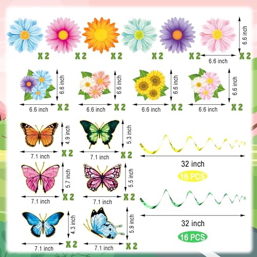 64 Pcs Flower Hanging Swirl Decorations Spring Flower Butterfly Hanging Swirl Ceiling Wall Decor Colorful Flowers Butterfly Cutouts for Spring Summer Baby Shower Wedding Birthday Party Decorations