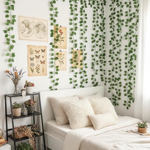 CEWOR 10 Pack Artificial Vines for Room Decor, Artificial Ivy Greenery Garland Fake Vines Hanging Plants Backdrop, Faux Green Leaves for Home Bedroom Wall Decoration - size: E-10pcs of Vines with 0 LED lights