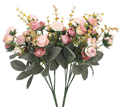 Duovlo 7 Branch 21 Mini Rose Heads Artificial Flowers Bouquet Wedding Home Office Decor,Pack of 2 (2 PCS Pink) - color: 2 Pcs Pink