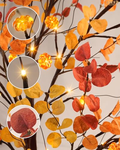 Uieke 4FT 48LED Lighted Fall Eucalyptus Tree Artificial Fall Tree with 12PCS Pumpkins & 8 Modes Thanksgiving Fall Decorations for Home Autumn Decor Indoor Outdoor - style: 4FT Fall Tree(1Pack)
