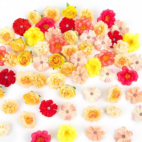 ATTGREAT Fake Flower Heads Mini Silk Flowrs Bulk Small Flower 3D Loose Faux Daisy Rose Sunflowers Plum Blossoms Craft for Wedding Party Cake Baby Shower Home Decor, 110Pcs(Orange) - color: Orange
