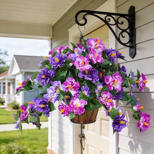 INXUGAO Artificial Flowers for Outdoors Indoors,3 Bunches Fake Hibiscus with Hanging Basket Realistic UV Resistant Silk Flower Leaves,Faux Plant for Outside Home Patio Garden Poch(Purple,Fuchsia) - color: Hibiscus T-3 Bunches Dk. Purple & Lt. Purple & Fuc