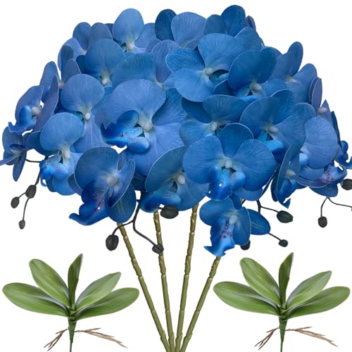 FagusHome 32" Artificial Phalaenopsis Flowers 4 Pcs with 2 Bundles Leaves Artificial Orchid Flowers Stem Plants Fake Butterfly Phalaenopsis Flowers for Home Wedding Party Décor (Blue) - color: Blue