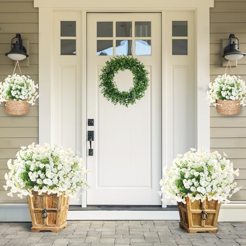 Artificial Flowers for Outdoors 12 Bundles Realistic Faux Plants UV Resistant Fake Silk Morning Glory with Eucalyptus for Front Door Planter Patio Porch Outside Spring Summer Decoration (White) - color: White