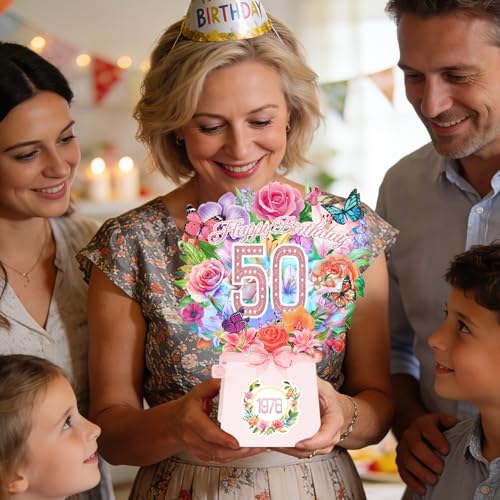 50th Birthday Cards, Light and Music 50 Years Old Happy Birthday Card, Rose Lily Orchid and Butterflies, 10 Inch Forever Flower Bouquet 3D Pop Up 1976 Birthday Gift Card for Women Wife Mom Daughter Sister - size: 1976-50th