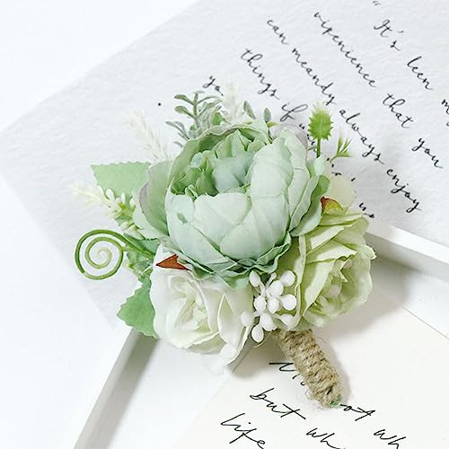 MAFELOE 2 Pieces Artificial Wrist Corsage and Boutonniere Set, Groom Groomsmen Bride Bridesmaids Wedding Flowers Accessories Prom Party Suit Decorations - Light Green - color: Green