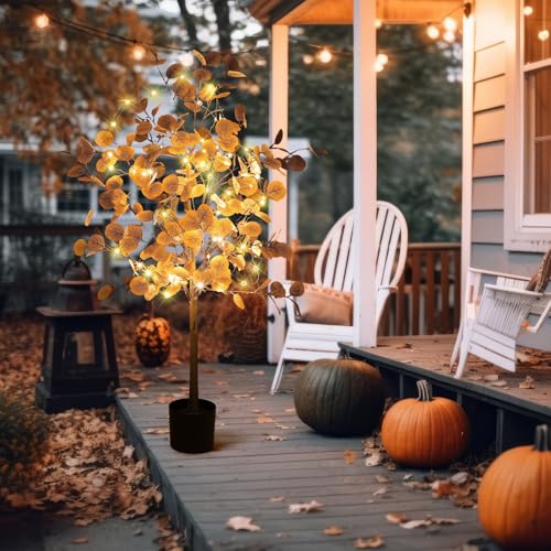 1 Pcs 4ft Lighted Fall Eucalyptus Leaves Branches Artificial Autumn Ficus Fall Long Silver Dollar Leaves Fake Silk Eucalyptus Stems with Lights Faux Tree Decor for Porch Front Outdoor - color: Yellow Brown