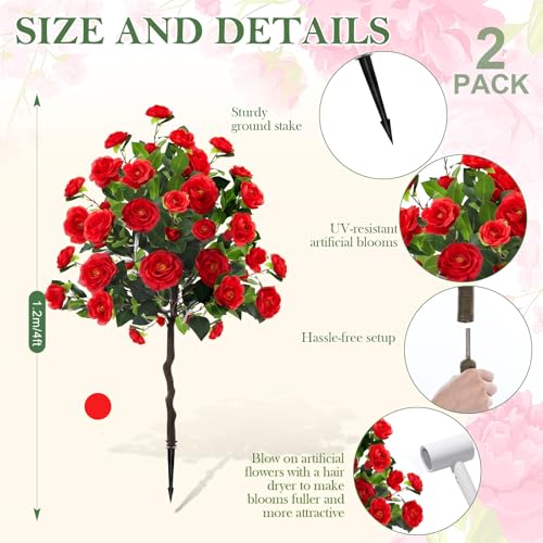 Lunmon 2 Pack 4ft Artificial Camellia Plants Tree Without Vase 48" Faux Camellia Flower with Spike UV Resistant Realistic Fake Floral Blooming Bush for Outdoor Front Door Porch Backyard Garden, Red - color: Red, size: 4 ft