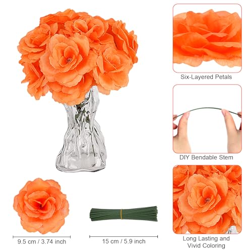 108pcs Roses Head Flowers with Stem - Orange Artificial Flowers Rose Bulk - Orange Silk Rose Marigold Flower for Fall Wedding Bouquet Party Home Decor DIY Baby Shower Centerpieces Tables Decoration - color: Orange