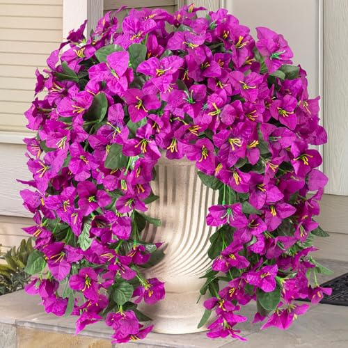 INXUGAO 2 pcs Artificial Faux Bougainvillea Flowers Plants for Outdoor Outside Summer Decoration, Fake Silk UV Resistant Long Trailing Vines for Front Door Porch Planter Balcony (Purple Deep Lotus) - color: Dark Lotus Color