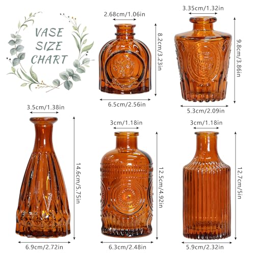 SUPMIND Glass Bud Vase Set of 5, Amber Small Flower Vases for Centerpieces in Bulk, Mini Vintage Vase for Rustic Wedding, Home,Table Decoration - color: Amber, size: 5Pcs