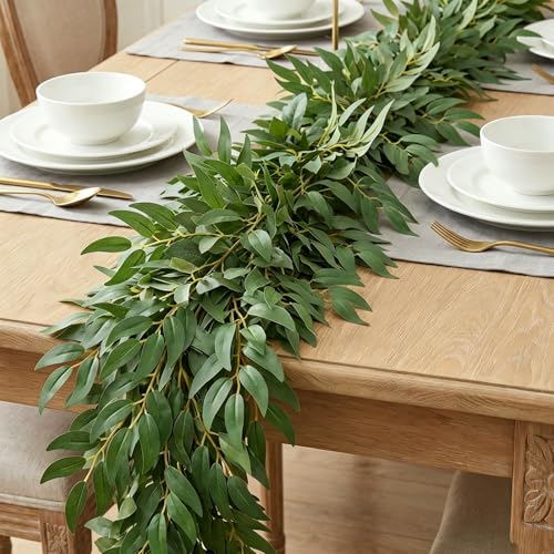 6.56Ft Artificial Vines Garland Silk Italian Ruscus Greenery for Table | 2Pcs Silk Greenery Garland Willows leaves Fake Hanging Plant Vines for Idoor Outdoor Table Centerpieces Wedding Party Mantle