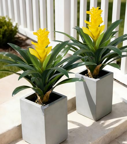 Ivydale Fake Flowers Plants for Outdoors, 2 Pcs 16.93" Bromeliad Artificial Flowers Uv Resistant Realistic Faux Flowers for Outdoor Planters Outside Porch Patio Yard Garden Indoor Decoration(Yellow) - color: Yellow