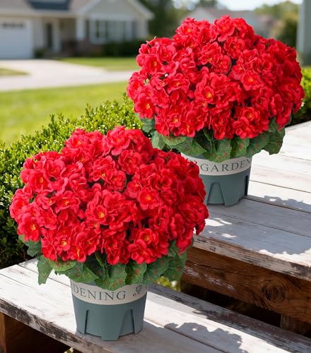 Geraniums Artificial Flowers for Outdoors, 2 Pack Potted Plants Red Faux Geraniums Bush Artificial Topiaries Realistic UV Resistant Fake Flowers Plants for Planters Outside Gardens Front Door Indoor - color: Red