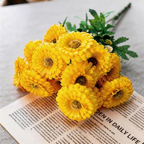 Artificial Mums, Outdoors Faux Fall Flowers Plants for Autumn Home Decor, 10 Bundles Natural Texture Daisy UV Resistant Indoor Festival Decoration for Wedding, Yard, Patio, Porch...(Yellow) - color: Yellow