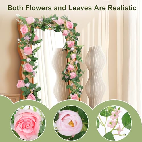 Naidiler Full Pink Flower Garland, 6.2FT Artificial Rose Floral Vine Pretty Spring Pink Flower Garland for Wedding Arch Decor Home Backdrop Wall Table Centerpiece Valentines Decoration - color: Pink Green