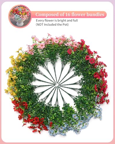 Artificial Flowers for Outdoor Decor, 16 Pack UV-Resistant Fake Colorful Silk Daisy Flowers, Perfect for Spring & Summer Decorating – Front Porch, Patio, Window Boxes, and Potted Plants - color: Mixed Color1(red,pink,yellow,blue,rose)