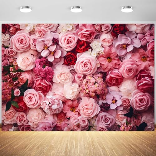 5x3ft Flower Backdrop Pink Red Rose Flowers Floral Wall Photography Background Birthday Baby Shower Wedding Party Banner Decorations Supplies Photo Booth Props - size: 5x3ft