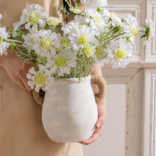 Ceramic Flower Vase Home Decor - 7.1 Inch White Rustic Table Flowers Vases Living Room Bedroom Plant Decoration Modern Farmhouse Vintage for Kitchen Shelf Office Coffee Dining Desk House Women - color: D-7.1"-with Hemp Rope