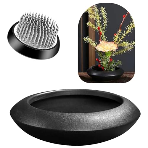 Ikebana Vase Kit Ceramic Flower Frog Vase with Stainless Kenzan Japanese Ikebana Flower Arrangement Pot for Floral Displays Moss & Hydroponic Plants Zen Decor Gift (Black Small Size) - color: Black Small Size