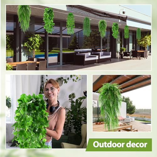 Daifunli Artificial Hanging Plants Fake Hanging Ferns Plastic Fake Plants for Wall Room Garden Garland Indoor Outdoor Decor No Basket (4 Pcs,Boston, Eucalyptus, Ivy Vine, String of Pearls) - style: Boston, Eucalyptus, Ivy Vine, String of Pearls