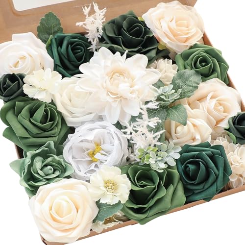 Floroom Olive Green Artificial Flowers Forest Green Fake Roses Peonies Dahlia Greenery Combo Box Set for DIY Wedding Bouquets Bridal Shower Centerpieces Floral Arrangement Party Tables Home Decoration - color: Garden Green