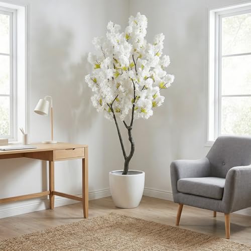 White Faux Cherry Blossom Tree, 6.5FT Tall Artificial Floral Plants with Realistic Green Leaves, Large Fake Sakura Flowers Tree Indoor Decor for Bedroom Living Room Office - color: White-ap33
