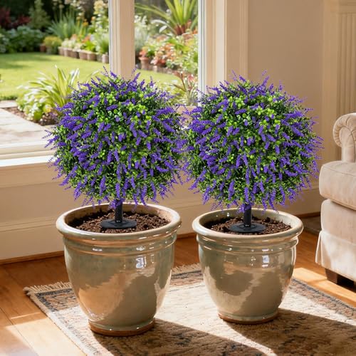 Bdor 25" Artificial Lavender Topiary Ball Trees with Ground Stake, Faux Potted Plants Purple Lavender Set of 2, Outdoor Fake Flower Bushes, UV Resistant for Home Lawn and Front Porch Garden Decor - style: Lavender