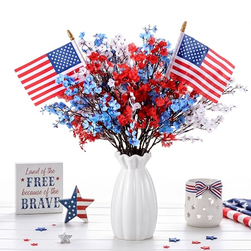 Tigeen 14 Pcs 4th of July Decor Red White Blue Artificial Flower Patriotic Decoration Fake Baby Flower with 2 Flag 250th Anniversary Table Centerpiece for Memorial Veterans Independence Day Home Decor - style: Baby Breath