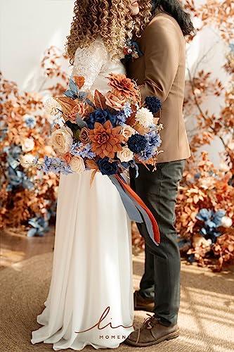 Ling's moment Blue and Orange Wedding Bouquets for Bride, Navy Orange Bridal Bouquets for Bride, 15 Inch Free Form Artificial Wedding Flowers Bouquets - color: Or-burnt Orange & Navy, size: Medium 15 Inch