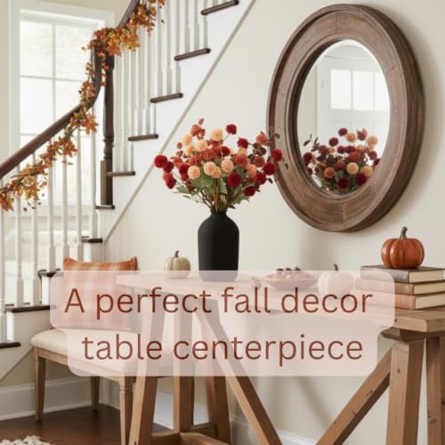 RyddeligHome Fall Flowers, Burnt Orange Faux Kiku Flowers Artificial 10 Stems + Eucalyptus, Fake Red Orange Mums Floral Centerpiece, Terracotta Mini Balls Faux Stems for Vase, Decoración de Otoño - color: Mixed Orange
