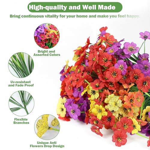 Nepfaivy Artificial Flowers for Outdoors Uv-Resistant - 24 Bundles 4 Colors No-Fade Faux Flowers for Outdoor Planters to Decor Patio Porch Garden Yard, Silk Realistic Faux Outside Flowers Bulk - color: Purple Yellow Red Tangerine 24pcs