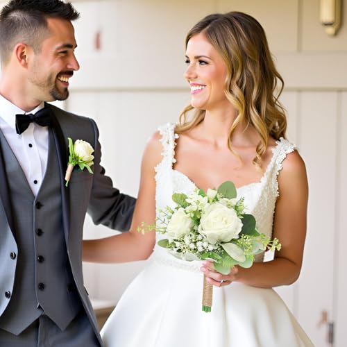 Wedding Bridesmaids Bouquet Set of 2 Artificial Flowers Bouquets for Bridesmaid Pre-Made 7 Inch Faux Small Floral Bouquets Bridal Shower, Wedding, Ceremony, Anniversary - Ivory White - color: Ivory White, size: 2pcs