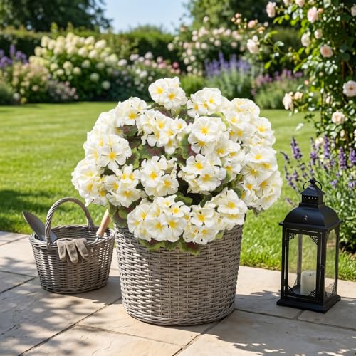 lovemoon 16 Pcs Artificial Geranium Plant with Realistic Silk Flowers and Green Leaves，Faux Geranium Flowers for Indoor Outdoor Home Garden Office Decoration (16, White) - color: White