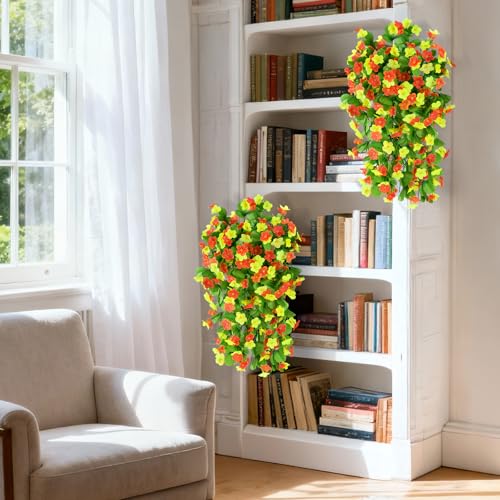 Artificial Fake Hanging Flowers for Outdoors, 2 Pcs Artificial Hanging Plants Outdoors Spring Summer Decor, UV Resistant Faux Violet Silk Flowers for Planters Front Door Yard Garden(Orange Yellow) - color: Orange Yellow