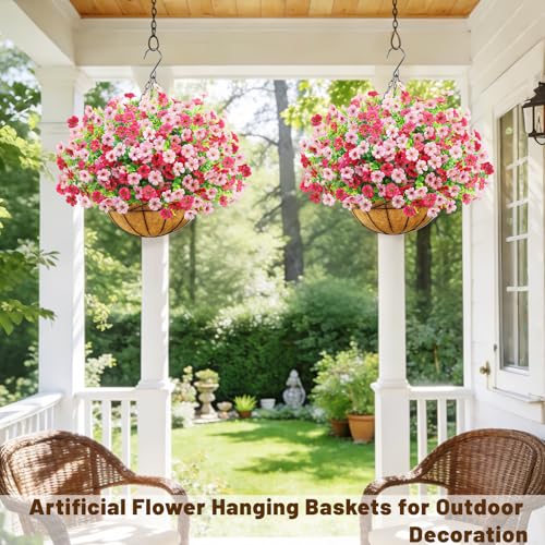 2 Pack Artfiticial Hanging Flowers Baskets for Outdoors, UV Resistant Faux Hanging Plants, 24 Pcs Fake Silk Flowers for Patio Garden Front Porch Balcony Decor (Pink Rose Red) - color: Pink Rose Red