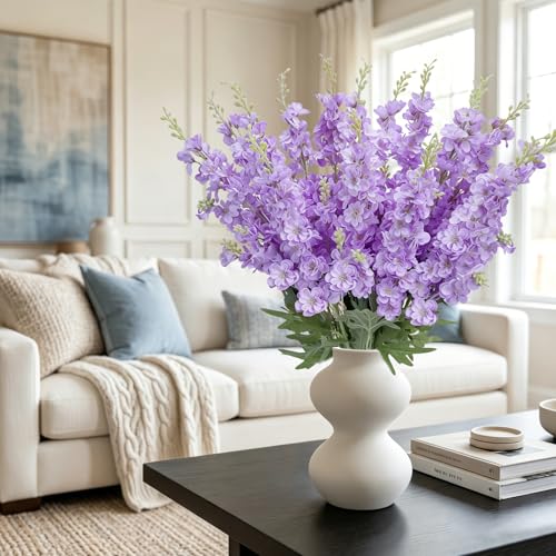 16Pcs Purple Delphinium Artificial Flowers 33.5'' Long Stem Larkspur Flowers Bulk Silk Flowers for Tall Vase Wedding Table Centerpieces Home Garden Outdoor Decor（Purple） - color: Purpleii