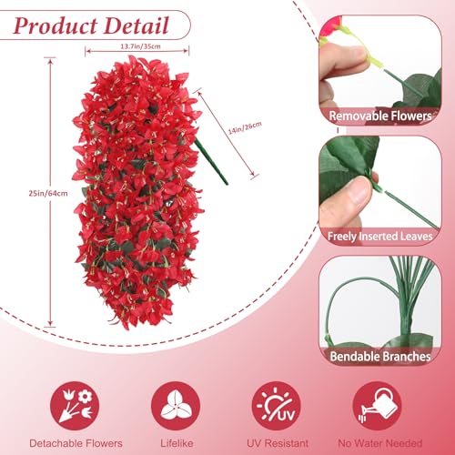2PCS Faux Bougainvillea UV Resistant Artificial Flowers Plants for Outdoors Faux Hanging Bougainvillea Flowers Outside Decoration Fake Silk Long Trailing Vines for Front Door Porch Patio (red) - color: Red